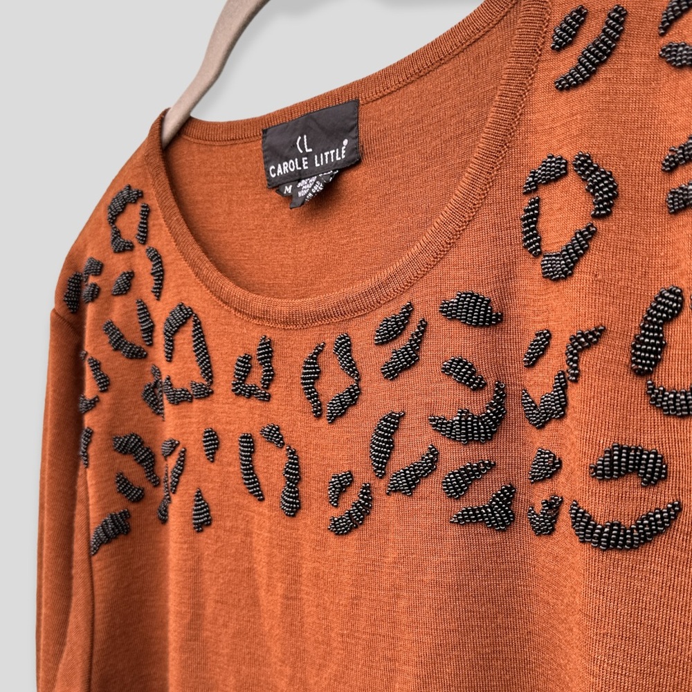 Carole Little Wool Vintage Brown Knit Sweater Dress | Beaded Leopard Embroidery - Picture 3 of 14